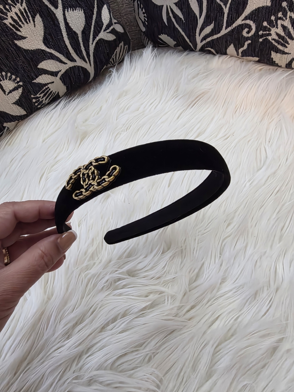 Black Velvet Headband with Gold Chain Detail
